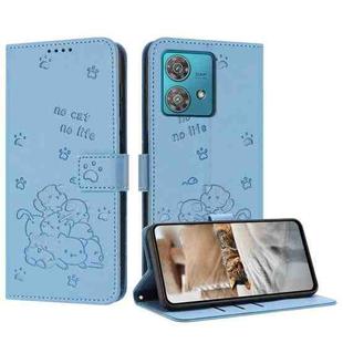 For Motorola Edge 40 Neo Embossed Kitten Phone Leather Case with Lanyard(Blue)