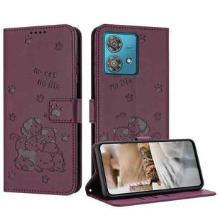 For Motorola Edge 40 Neo Embossed Kitten Phone Leather Case with Lanyard(Wine Red)
