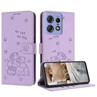 For Motorola Edge 50 Pro Embossed Kitten Phone Leather Case with Lanyard(Purple)