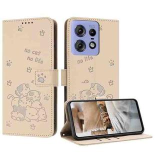 For Motorola Edge 50 Pro Embossed Kitten Phone Leather Case with Lanyard(Beige)