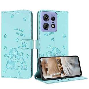 For Motorola Edge 50 Pro Embossed Kitten Phone Leather Case with Lanyard(Mint Green)