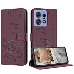 For Motorola Edge 50 Pro Embossed Kitten Phone Leather Case with Lanyard(Wine Red)
