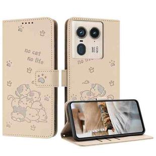 For Motorola Edge 50 Ultra Embossed Kitten Phone Leather Case with Lanyard(Beige)