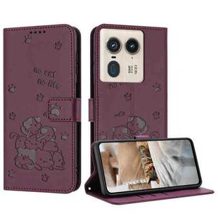 For Motorola Edge 50 Ultra Embossed Kitten Phone Leather Case with Lanyard(Wine Red)