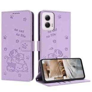 For Motorola Moto G Power 5G 2024 Embossed Kitten Phone Leather Case with Lanyard(Purple)