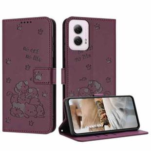 For Motorola Moto G Power 5G 2024 Embossed Kitten Phone Leather Case with Lanyard(Wine Red)