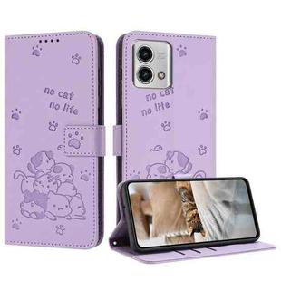 For Motorola Moto G Stylus 2023 4G Embossed Kitten Phone Leather Case with Lanyard(Purple)