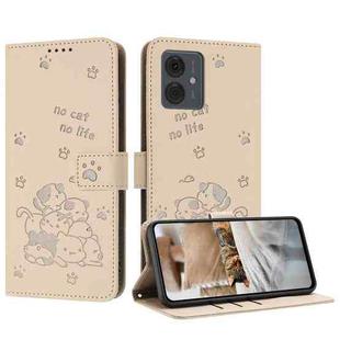 For Motorola Moto G04 / G24 / G04s Embossed Kitten Phone Leather Case with Lanyard(Beige)