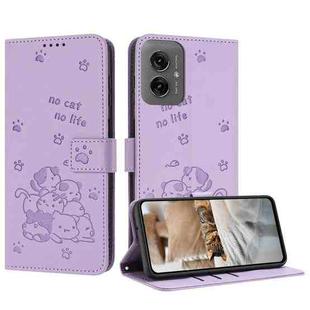 For Motorola Moto G55 Embossed Kitten Phone Leather Case with Lanyard(Purple)