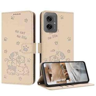For Motorola Moto G55 Embossed Kitten Phone Leather Case with Lanyard(Beige)