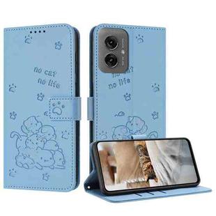For Motorola Moto G55 Embossed Kitten Phone Leather Case with Lanyard(Blue)