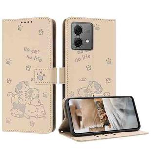 For Motorola Moto G84 Embossed Kitten Phone Leather Case with Lanyard(Beige)