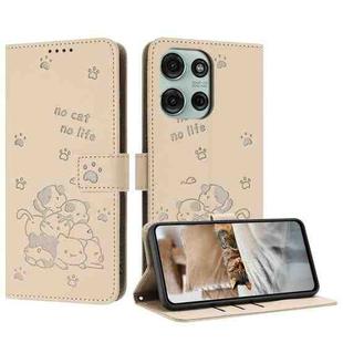 For Motorola Moto G75 Embossed Kitten Phone Leather Case with Lanyard(Beige)