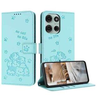 For Motorola Moto G75 Embossed Kitten Phone Leather Case with Lanyard(Mint Green)