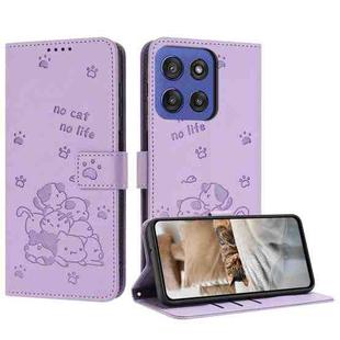 For Motorola Moto G Stylus 5G 2025 Embossed Kitten Phone Leather Case with Lanyard(Purple)