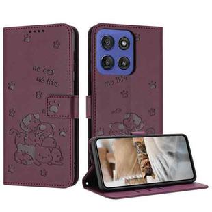 For Motorola Moto G Stylus 5G 2025 Embossed Kitten Phone Leather Case with Lanyard(Wine Red)