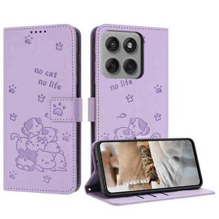For Motorola Edge 60 Pro Embossed Kitten Phone Leather Case with Lanyard(Purple)