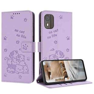 For Nokia C02 Embossed Kitten Phone Leather Case with Lanyard(Purple)