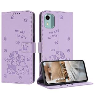 For Nokia C12 Embossed Kitten Phone Leather Case with Lanyard(Purple)