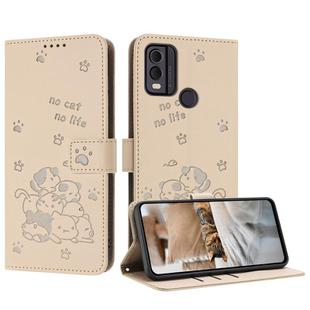 For Nokia C22 Embossed Kitten Phone Leather Case with Lanyard(Beige)