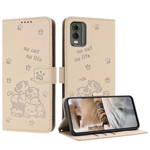 For Nokia C32 Embossed Kitten Phone Leather Case with Lanyard(Beige)
