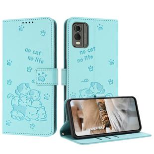 For Nokia C32 Embossed Kitten Phone Leather Case with Lanyard(Mint Green)