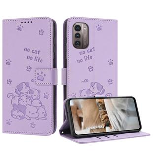 For Nokia G11 / G21 Embossed Kitten Phone Leather Case with Lanyard(Purple)