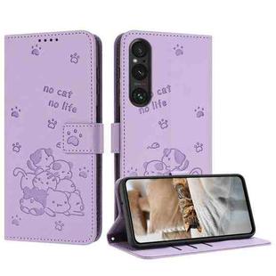 For Sony Xperia 1 V 2023 Embossed Kitten Phone Leather Case with Lanyard(Purple)