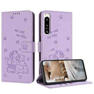For Sony Xperia 5 IV Embossed Kitten Phone Leather Case with Lanyard(Purple)