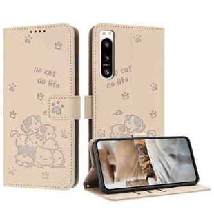 For Sony Xperia 5 IV Embossed Kitten Phone Leather Case with Lanyard(Beige)