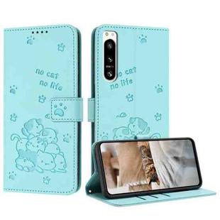 For Sony Xperia 5 IV Embossed Kitten Phone Leather Case with Lanyard(Mint Green)