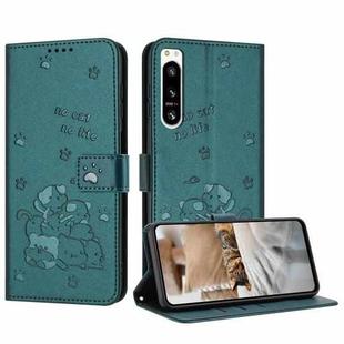 For Sony Xperia 5 IV Embossed Kitten Phone Leather Case with Lanyard(Dark Green)