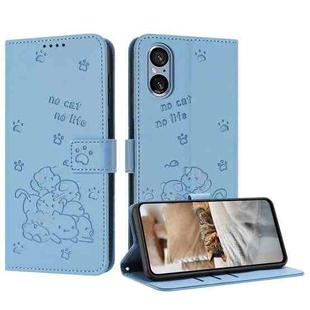 For Sony Xperia 5 V Embossed Kitten Phone Leather Case with Lanyard(Blue)
