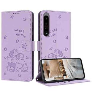 For Sony Xperia 1 IV Embossed Kitten Phone Leather Case with Lanyard(Purple)
