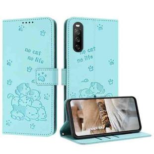For Sony Xperia 10 IV Embossed Kitten Phone Leather Case with Lanyard(Mint Green)