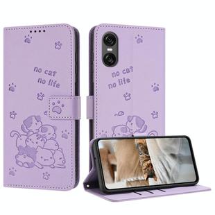 For Sony Xperia 10 VI Embossed Kitten Phone Leather Case with Lanyard(Purple)