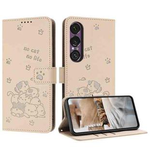 For Sony Xperia 1 VII Embossed Kitten Phone Leather Case with Lanyard(Beige)