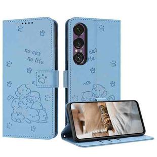 For Sony Xperia 1 VII Embossed Kitten Phone Leather Case with Lanyard(Blue)