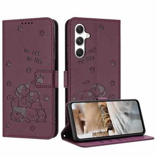 For Samsung Galaxy S24 FE 5G Embossed Kitten Phone Leather Case with Lanyard(Wine Red)