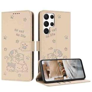 For Samsung Galaxy S24 Ultra 5G Embossed Kitten Phone Leather Case with Lanyard(Beige)