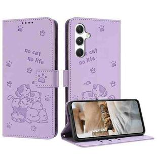 For Samsung Galaxy S24+ 5G Embossed Kitten Phone Leather Case with Lanyard(Purple)