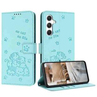 For Samsung Galaxy S24 5G Embossed Kitten Phone Leather Case with Lanyard(Mint Green)