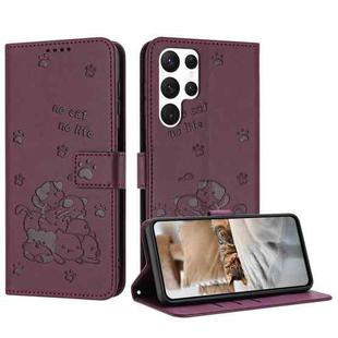 For Samsung Galaxy S23 Ultra 5G Embossed Kitten Phone Leather Case with Lanyard(Wine Red)