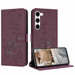 For Samsung Galaxy S23+ 5G Embossed Kitten Phone Leather Case with Lanyard(Wine Red)