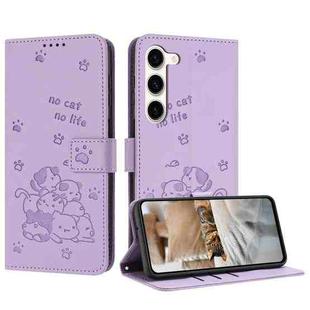 For Samsung Galaxy S23 5G Embossed Kitten Phone Leather Case with Lanyard(Purple)