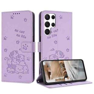 For Samsung Galaxy S22 Ultra 5G Embossed Kitten Phone Leather Case with Lanyard(Purple)