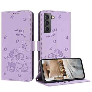 For Samsung Galaxy S22+ 5G Embossed Kitten Phone Leather Case with Lanyard(Purple)