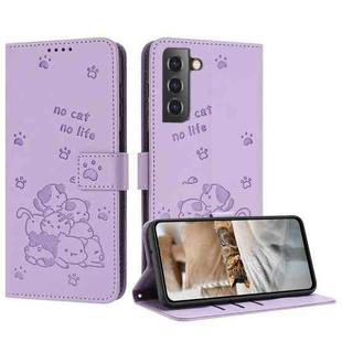 For Samsung Galaxy S21+ 5G Embossed Kitten Phone Leather Case with Lanyard(Purple)