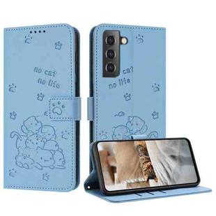 For Samsung Galaxy S21+ 5G Embossed Kitten Phone Leather Case with Lanyard(Blue)