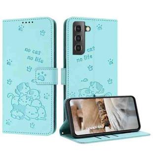 For Samsung Galaxy S21+ 5G Embossed Kitten Phone Leather Case with Lanyard(Mint Green)